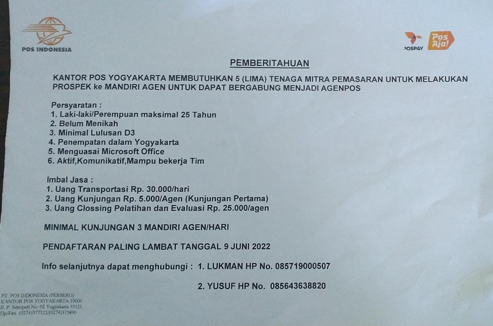 Lowongan Kantor Pos Yogyakarta Juni 2022